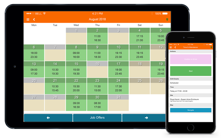 MySirenum pantallas de calendario y hora y asistencia